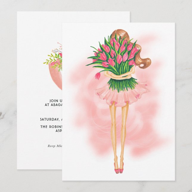 Rosa Vår Födelsedagsfest inbjudan (Fram/baksida)