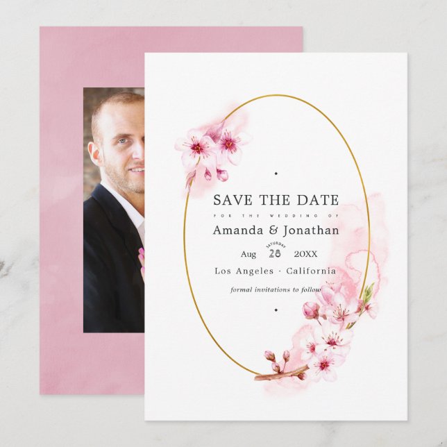 Rosa vår körsbärsblom Wedding Foto Spara Datumet (Fram/baksida)