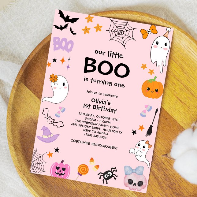 Rosa Vår lilla boo Halloween 1:a födelsedagen Inbjudningar (Pink Our Little Boo is Turning One Girl Halloween 1st Birthday Invitation )