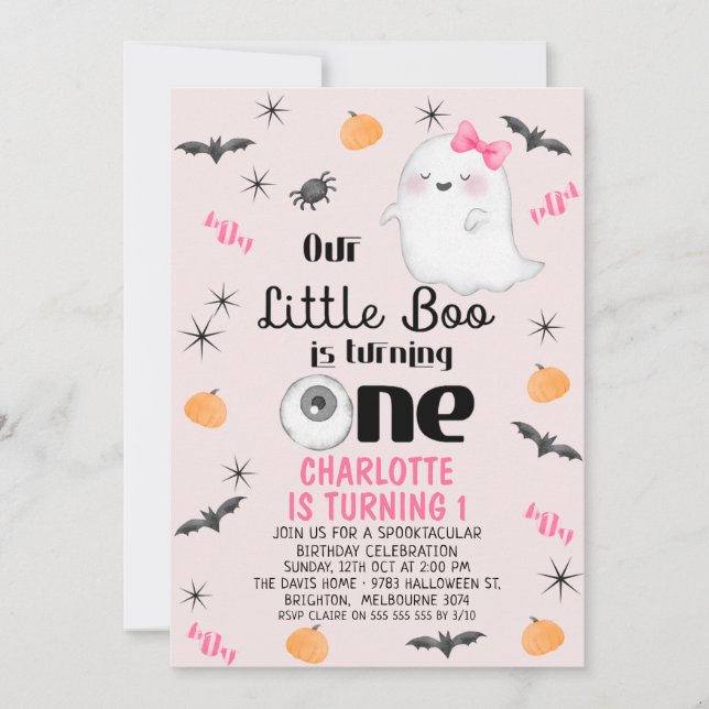 Rosa Vår lilla boo One Halloween 1:a födelsedag Inbjudningar (Framsida)