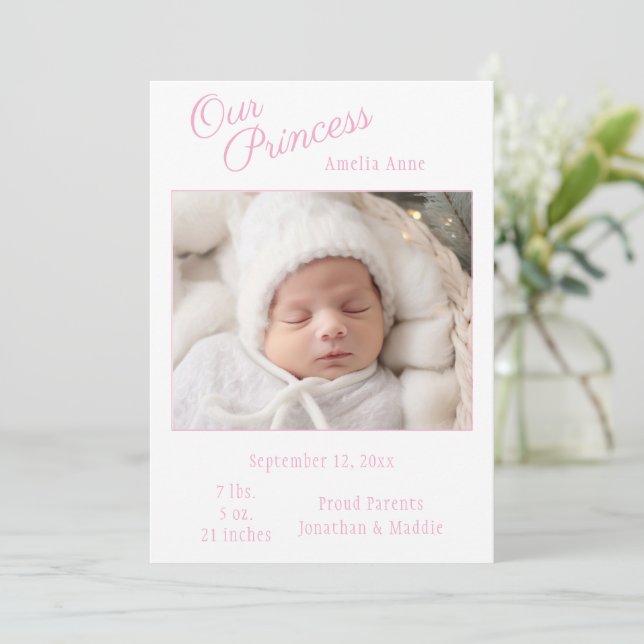 Rosa Vår Princess Photo Baby Birth Notice Meddelande (Stående Fram)