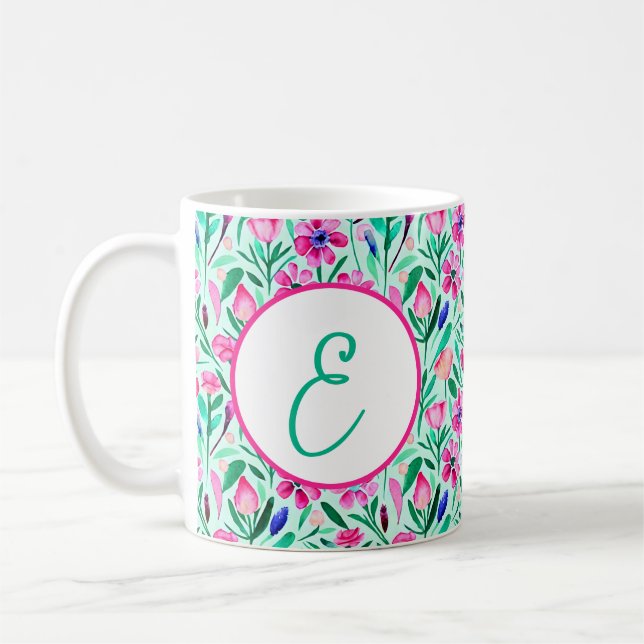 Rosa vår vattenfärg blommig monogram kaffemugg (Vänster)
