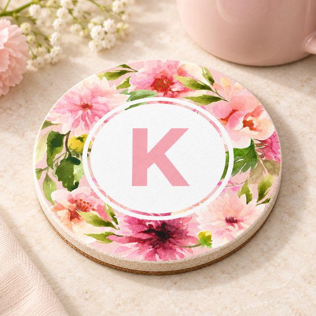  Rosa Vår Watercolor Flowers Monogram Underlägg (Skapare uppladdad)