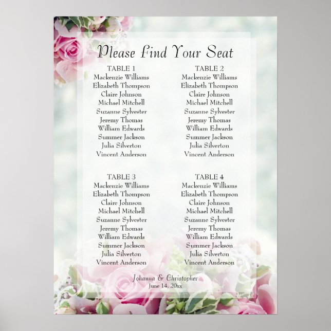 Rosa vårblommig 4 bord bröllops sittplatskarta poster (Framsidan)