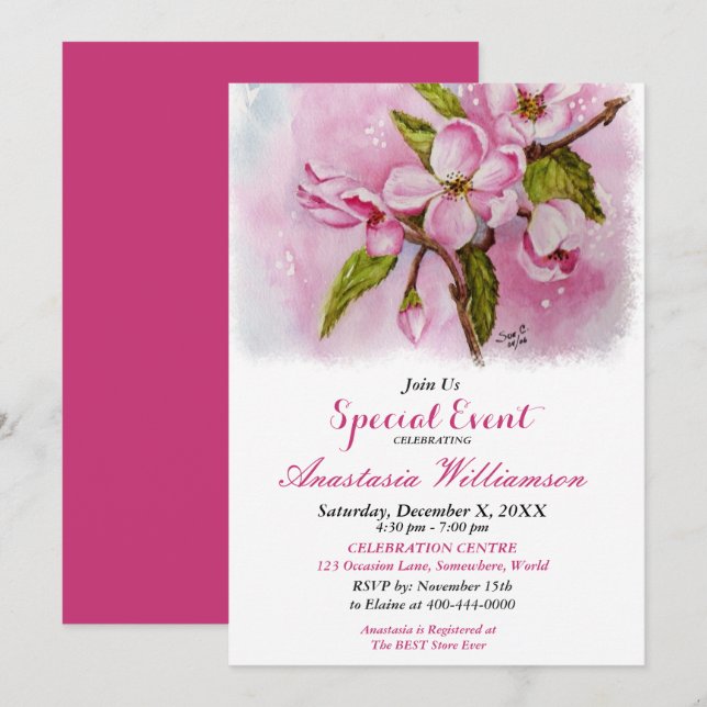 ROSA VÅRFLING PARTY EVENEMANGSINVITATION INBJUDNINGAR (Fram/baksida)