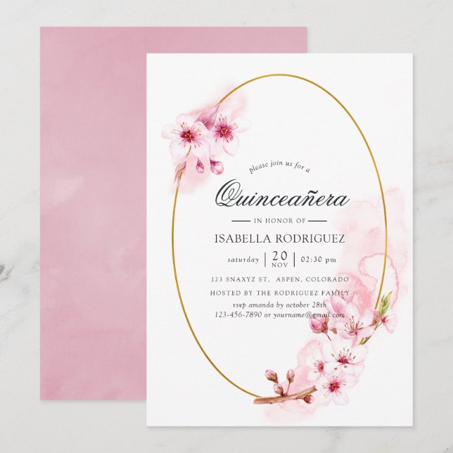 Rosa vårkörsbärsblom Quinceañera Inbjudningar (Fram/baksida)