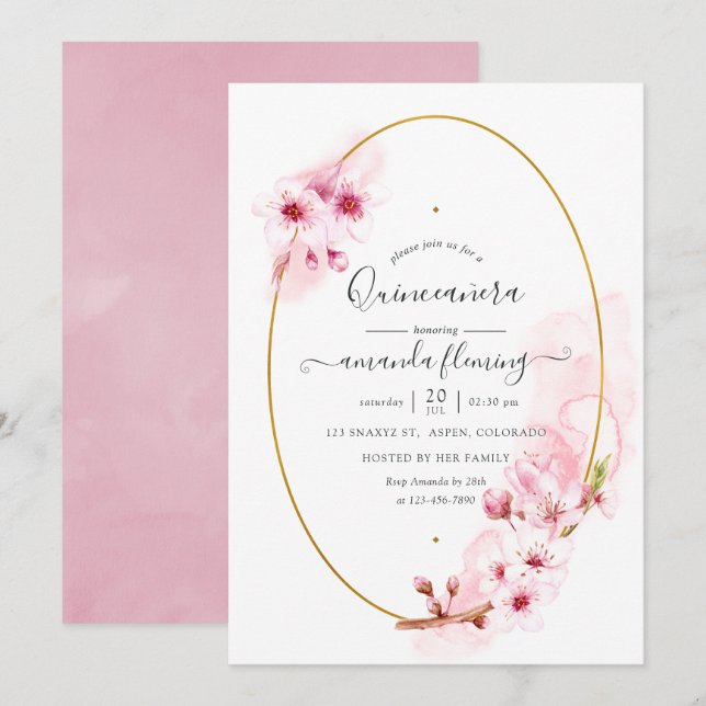 Rosa vårkörsbärsblom Quinceañera Inbjudningar (Fram/baksida)