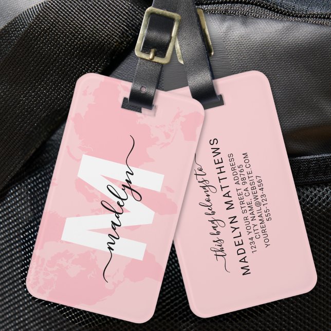Rosa världskartamonomgram bagagebricka (Modern Custom Pink Map Monogram Name Luggage Tag )