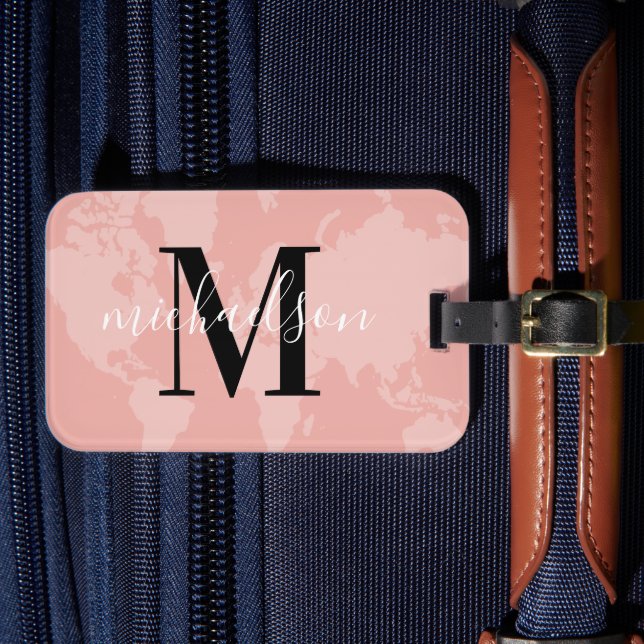 Rosa världskartsskriptmonogram bagagebricka (Framsida Insitu 4)
