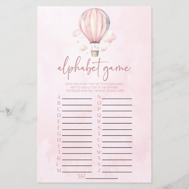 Rosa varmluftsballong Alfabet Baby Shower Spel (Framsida)