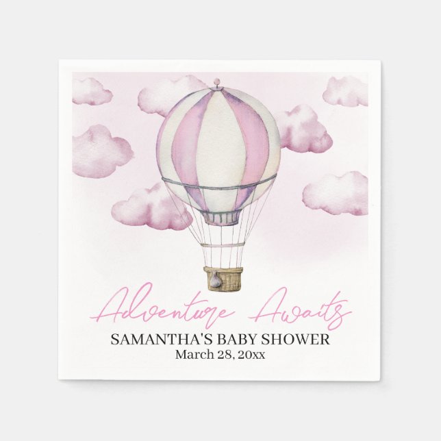 Rosa varmluftsballong Baby Shower Pappersservett (Framsidan)