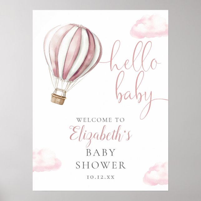 Rosa varmluftsballong Baby Shower Välkomstskylt Poster (Framsidan)