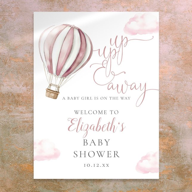 Rosa varmluftsballong Baby Shower Välkomstskylt Poster (Pink Hot Air Balloon Baby Shower Welcome Sign)