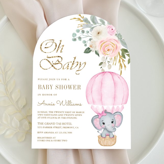 Rosa varmluftsballong elefantbåge baby shower inbjudningar (Skapare uppladdad)