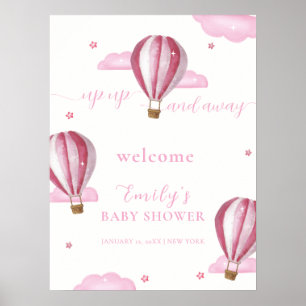 Rosa varmluftsballong flicka baby shower välkomst poster