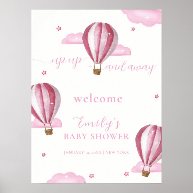 Rosa varmluftsballong flicka baby shower välkomst  poster (Framsidan)