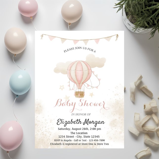 Rosa varmluftsballong moln baby shower inbjudningar (Skapare uppladdad)