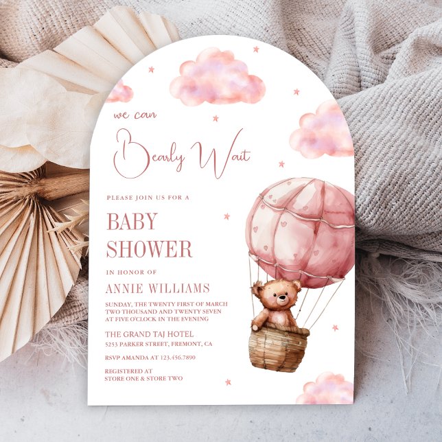 Rosa varmluftsballong Teddybjörn Båge Bebis firand Inbjudningar (Skapare uppladdad)