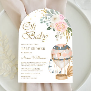 Rosa varmluftsballongbåge Baby Shower Inbjudningar
