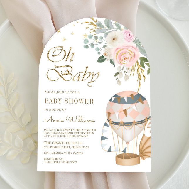 Rosa varmluftsballongbåge Baby Shower Inbjudningar (Skapare uppladdad)