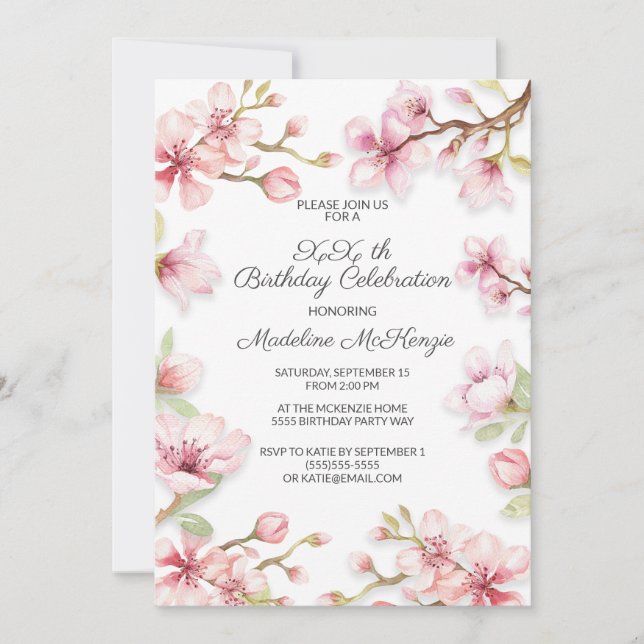 Rosa vårträdgårdsblommig födelsedagsfest för alla  inbjudningar (Framsida)