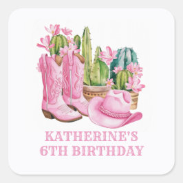 Rosa Väster Cowgirl Cactus Watercolor Birthday Fyrkantigt Klistermärke