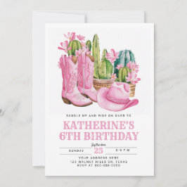 Rosa Väster Cowgirl Cactus Watercolor Birthday Inbjudningar