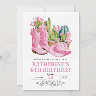 Rosa Väster Cowgirl Cactus Watercolor Birthday Inbjudningar
