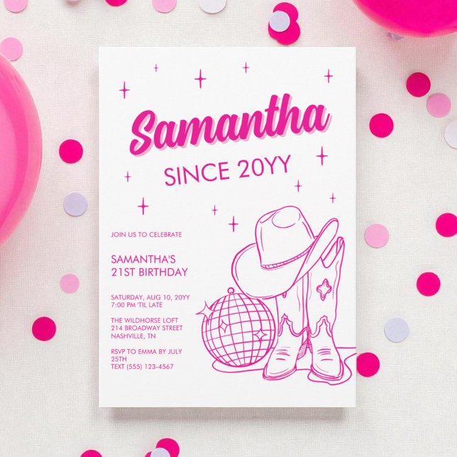 Rosa västerländsk country disco 21-årsfest inbjudningar (Pink Western Country Disco 21st Birthday Party Invitation)
