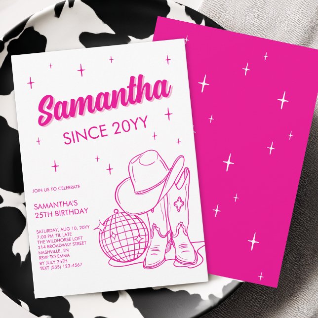 Rosa västerländsk country disco 25-årsfest inbjudningar (Pink Western Country Disco 25th Birthday Party Invitation)