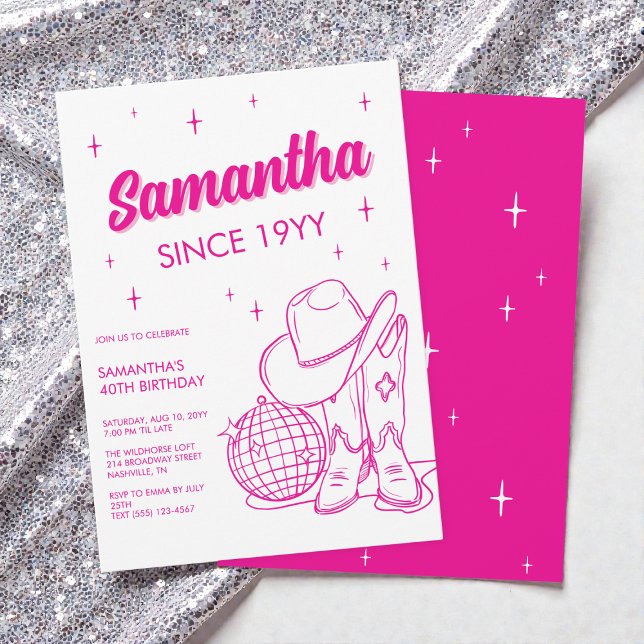 Rosa västerländsk country disco 40-års födelsedags inbjudningar (Pink Western Country Disco 40th Birthday Party Invitation)