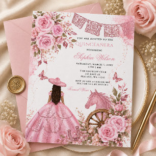 Rosa västerländsk häst blommig Charra Quinceañera Inbjudningar