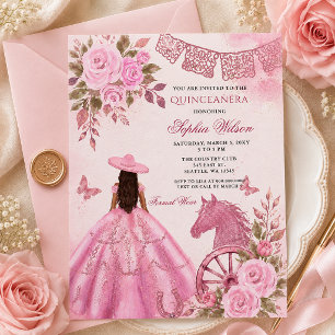 Rosa västerländsk häst blommig Charra Quinceañera Inbjudningar