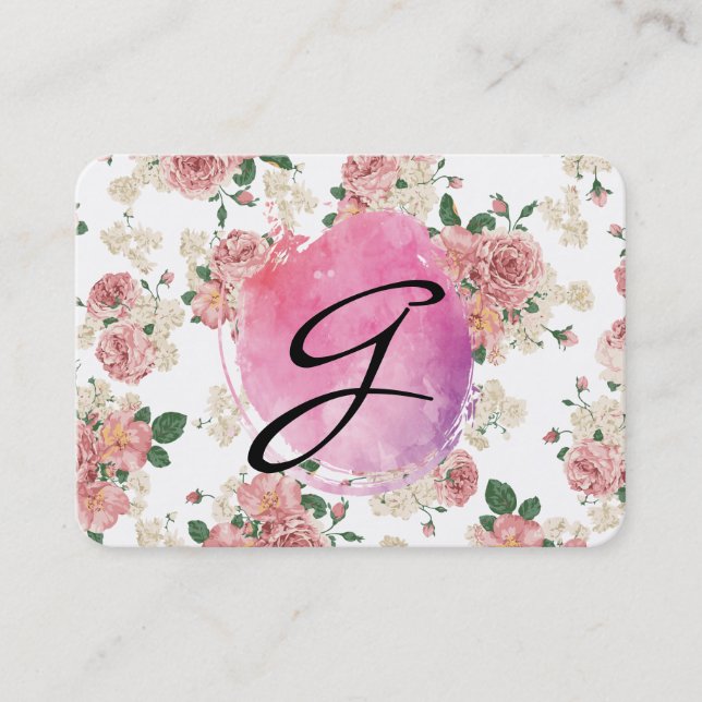 Rosa Vatten Färg Monogram Blommönster Visitkort (Framsida)