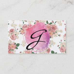 Rosa Vatten Färg Monogram Blommönster Visitkort