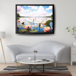 Rosa Vatten Flowers och Himmel på reflekterande Sj Canvastryck