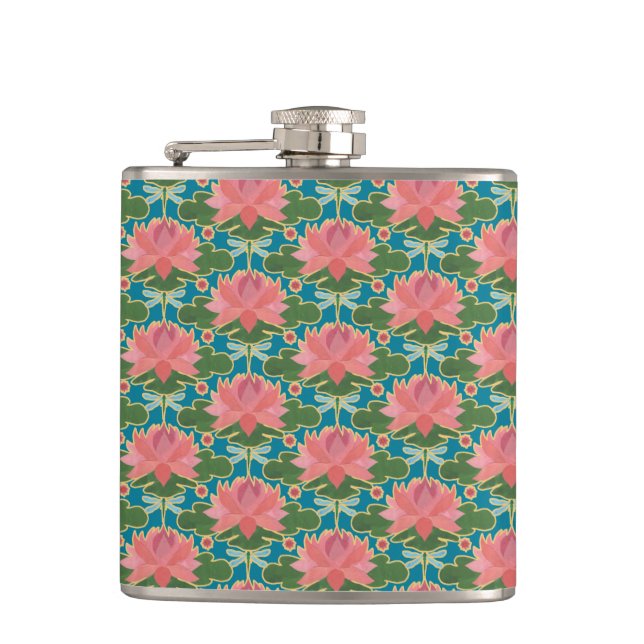Rosa Vatten Lilies and Dragonflies Hip Flask Fickplunta (Framsidan)