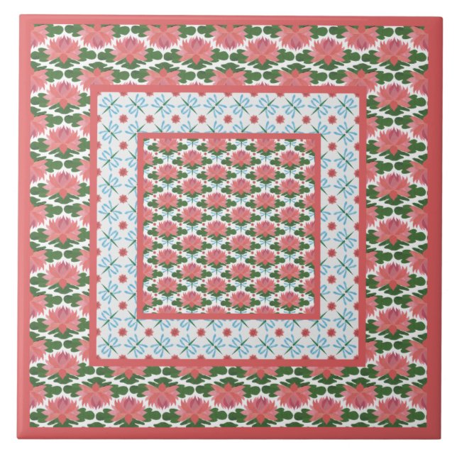 Rosa Vatten Lilies, Blue Dragonflies: Ceramic Tile Kakelplatta (Framsidan)