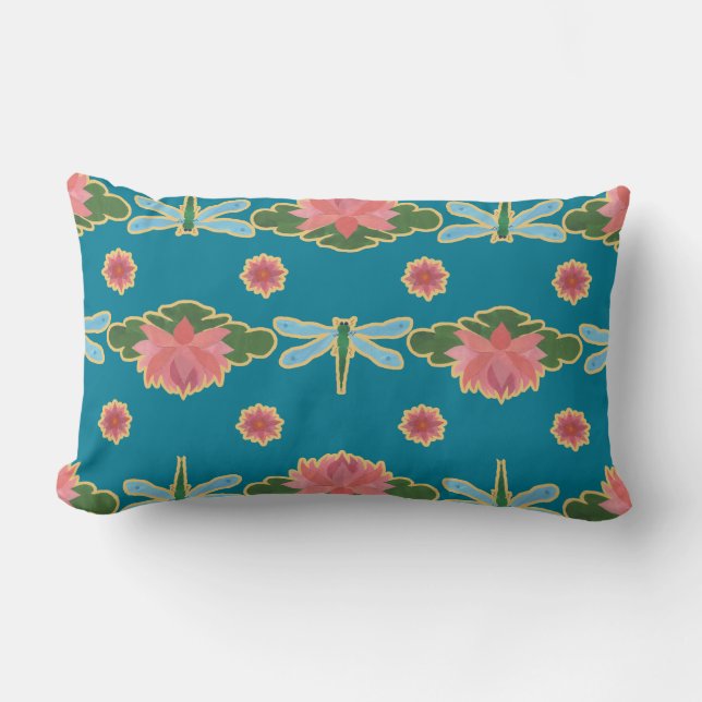 Rosa Vatten Lilies Dragonflies Lumbar Pillow Lumbarkudde (Framsida)