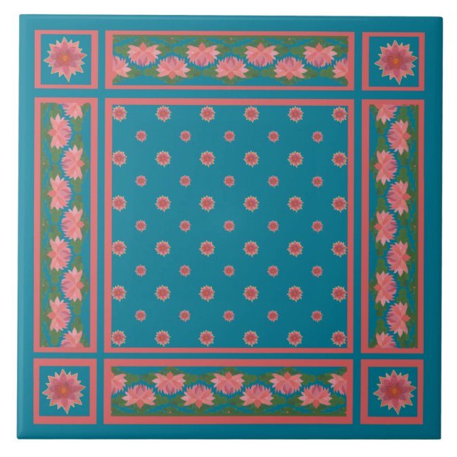 Rosa Vatten Lilies on Deep Blue Ceramic Tile Kakelplatta (Framsidan)