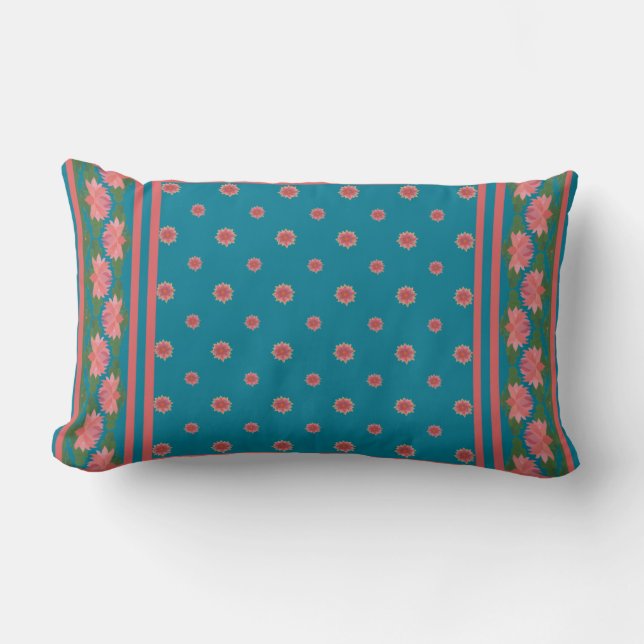 Rosa Vatten Lilies på Deep Blue Lumbar Pillow Lumbarkudde (Framsida)