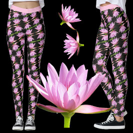 Rosa Vatten Lilies w/Black and Grönt - Blommigt Leggings