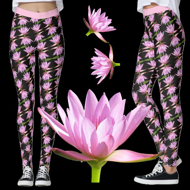 Rosa Vatten Lilies w/Black and Grönt - Blommigt Leggings (Skapare uppladdad)