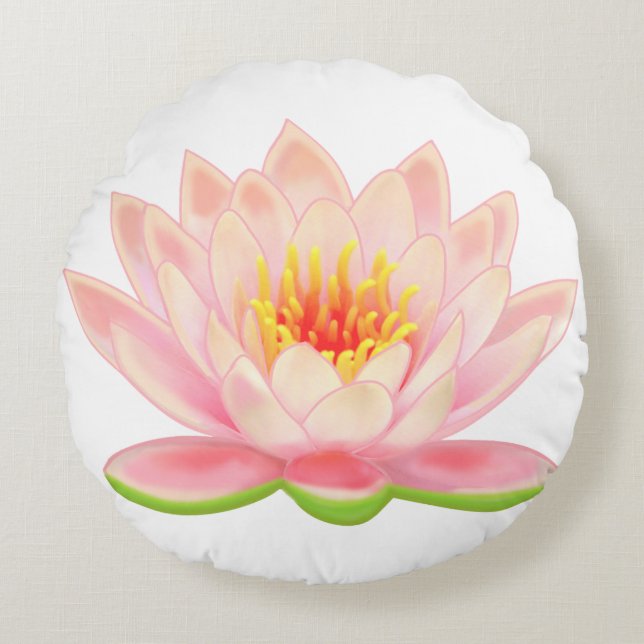Rosa Vatten Lily Flower Round on White Pillow Rund Kudde (Framsidan)