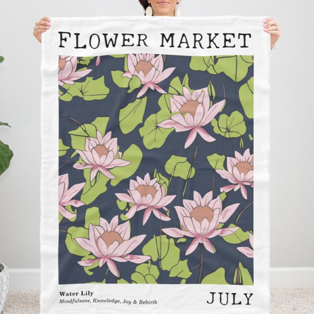 Rosa Vatten Lily Lotus juli Flower Market Fleecefilt (Personalized July Birth Flower Market Print Fleece Blanket, Customizable Pink Lotus Floral Blanket)