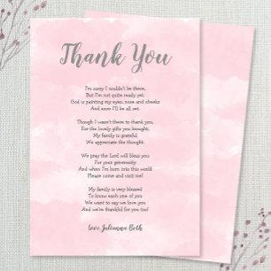 Rosa vattenfärg Baby Shower Tackkort + dikt Tack Kort