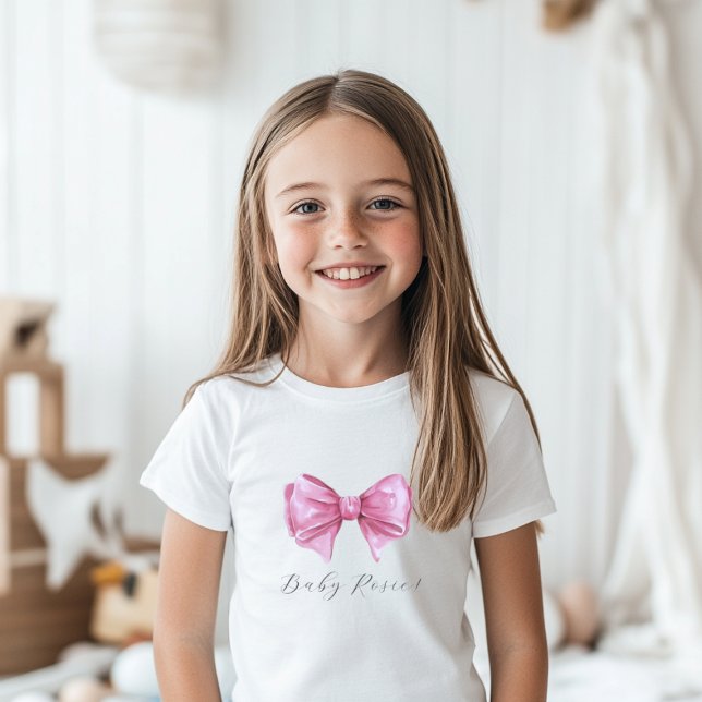Rosa Vattenfärg Babyshower med Söta Rosa Rosett T Shirt (Girly Pink Watercolor Bow Baby Shower Baby T-Shirt)