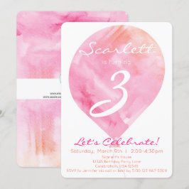 Rosa Vattenfärg Ballong Flicka Födelsedag Inbjudningar