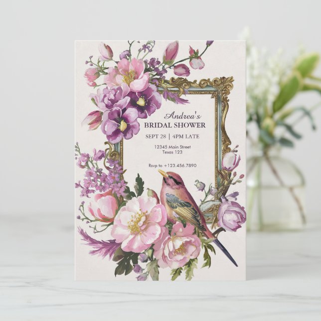 Rosa vattenfärg blomma blommande fågel Bröllopsdus Spara Datumet (Stående Fram)