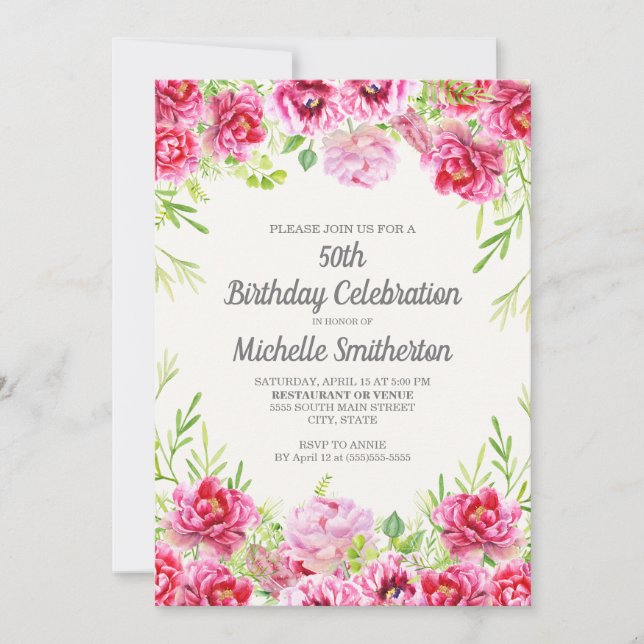 Rosa vattenfärg blommande grönska 50-årsfirande inbjudningar (Framsida)